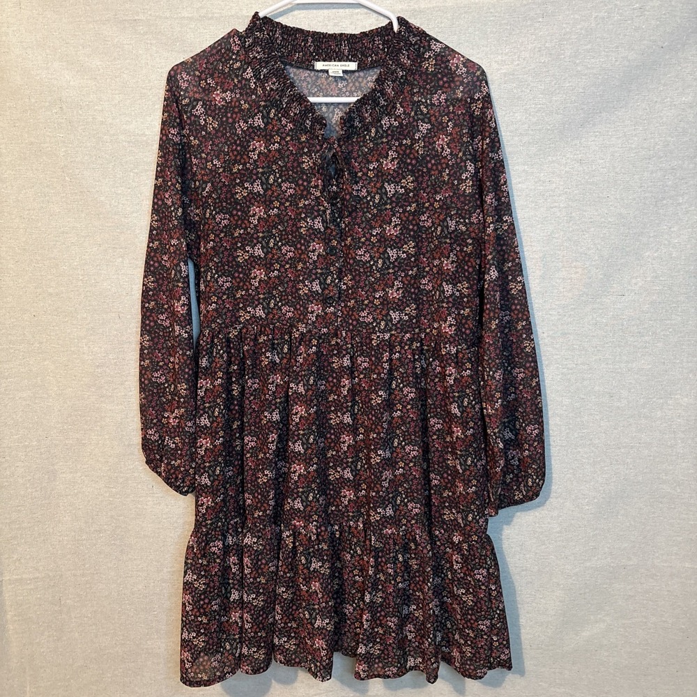 American Eagle Womens Dress Medium‎ Burgundy Floral Short Boho Long Sleeve